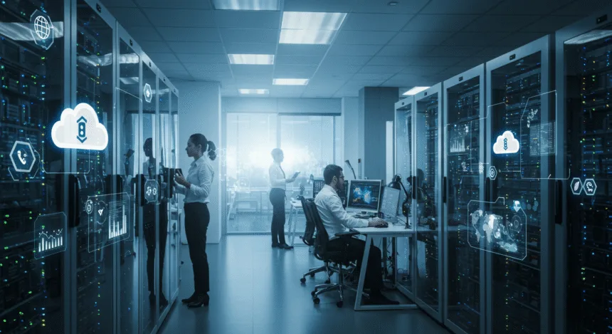 Professionals using cloud services and data dashboards in a modern office, illustrating efficient cloud solutions for business growth.