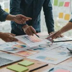 Entrepreneurs collaborating in a modern office, reviewing design concepts and digital mockups that highlight creativity and business growth.