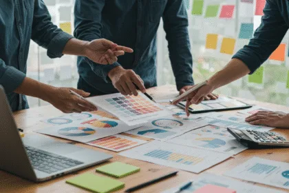Entrepreneurs collaborating in a modern office, reviewing design concepts and digital mockups that highlight creativity and business growth.