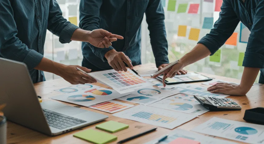 Entrepreneurs collaborating in a modern office, reviewing design concepts and digital mockups that highlight creativity and business growth.