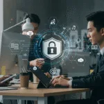 Employees in a small business office working securely on computers with visual cues of cybersecurity protection, illustrating SMB security best practices.