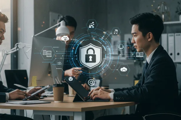 Employees in a small business office working securely on computers with visual cues of cybersecurity protection, illustrating SMB security best practices.