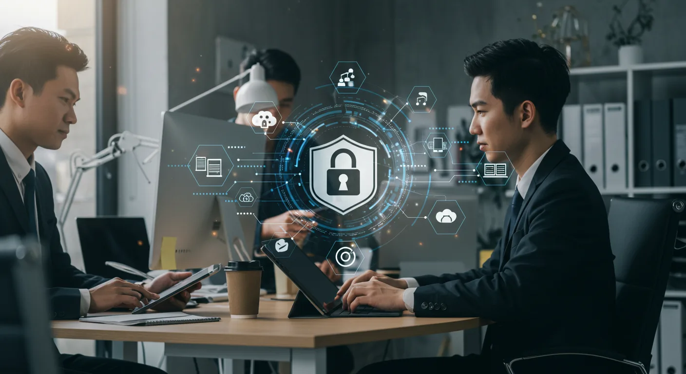 Employees in a small business office working securely on computers with visual cues of cybersecurity protection, illustrating SMB security best practices.