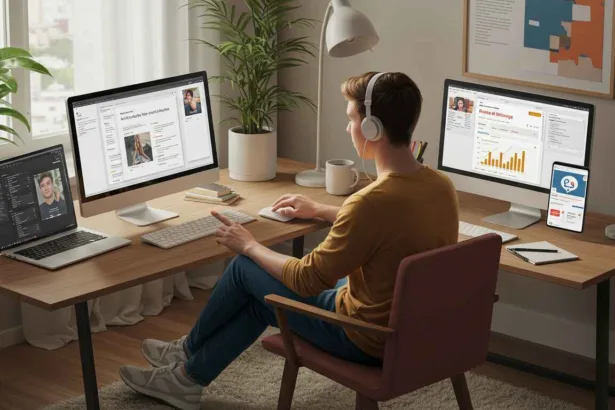 A young professional in a modern home office juggling multiple online projects on a laptop, tablet, and smartphone, symbolizing diverse online side hustles in 2025.