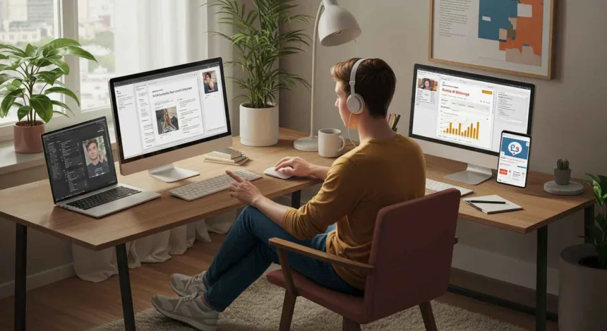 A young professional in a modern home office juggling multiple online projects on a laptop, tablet, and smartphone, symbolizing diverse online side hustles in 2025.