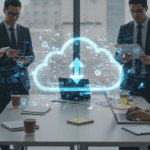 Business team collaborating with laptops under digital cloud icons symbolizing modern cloud services and data connectivity.”