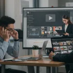 Frustrated entrepreneur reviewing poorly designed video ads while a colleague presents polished branding visuals, illustrating common video ad mistakes.