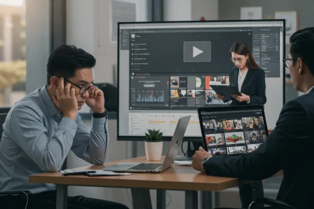 Frustrated entrepreneur reviewing poorly designed video ads while a colleague presents polished branding visuals, illustrating common video ad mistakes.