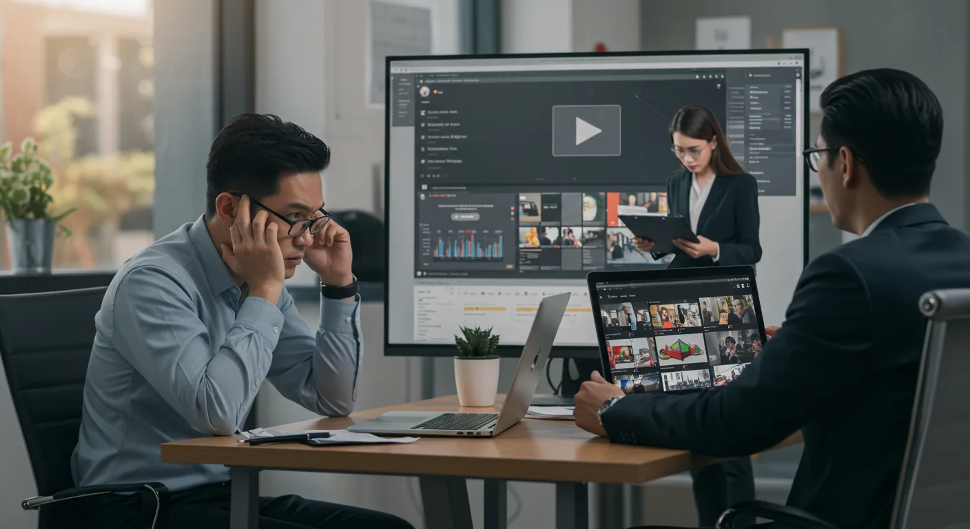 Frustrated entrepreneur reviewing poorly designed video ads while a colleague presents polished branding visuals, illustrating common video ad mistakes.