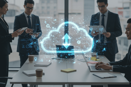 Business team collaborating with laptops under digital cloud icons symbolizing modern cloud services and data connectivity.”