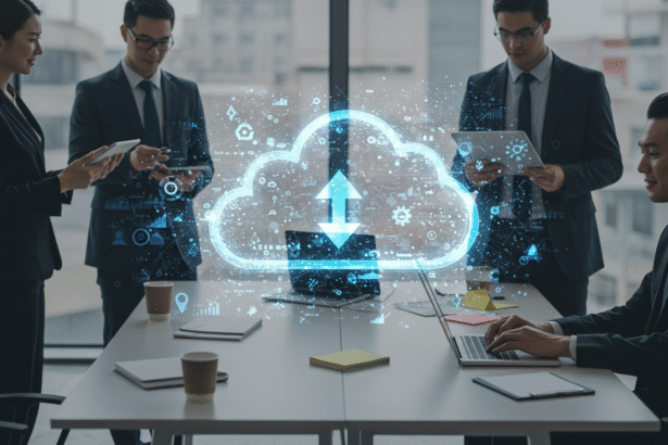 Business team collaborating with laptops under digital cloud icons symbolizing modern cloud services and data connectivity.”