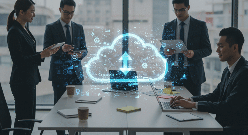 Business team collaborating with laptops under digital cloud icons symbolizing modern cloud services and data connectivity.”