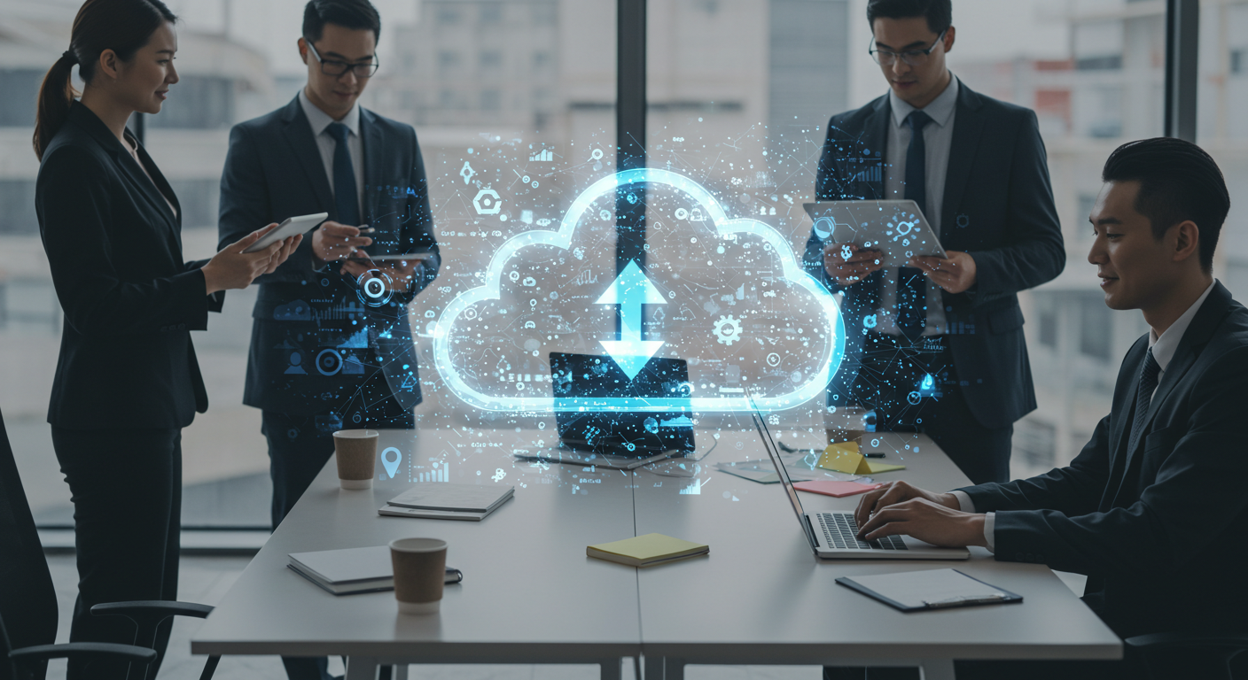 Business team collaborating with laptops under digital cloud icons symbolizing modern cloud services and data connectivity.”