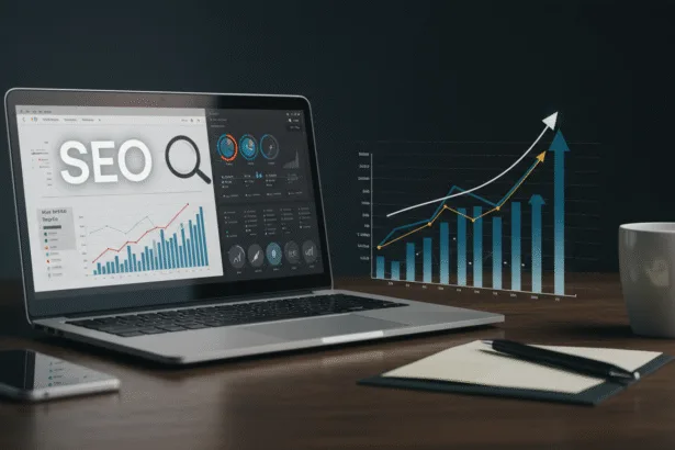 Laptop with SEO dashboards and upward traffic charts symbolizing proven SEO tips to grow website traffic.