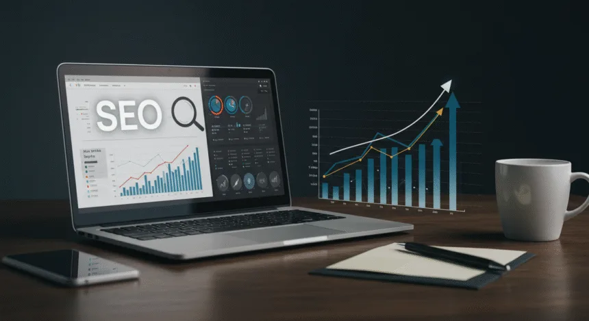 Laptop with SEO dashboards and upward traffic charts symbolizing proven SEO tips to grow website traffic.