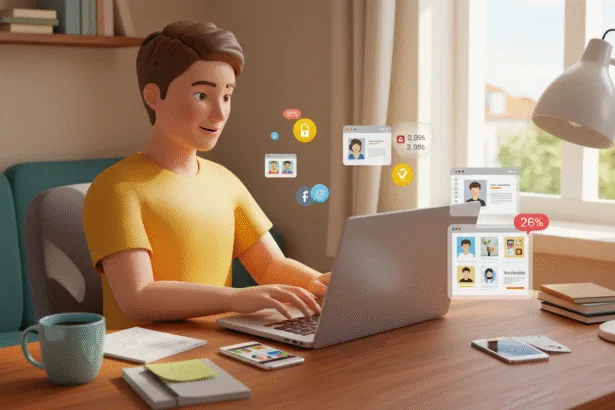 A realistic illustration representing "Easy Ways to Make Money Online". Show a young adult working comfortably at home with a laptop, surrounded by signs of productivity—like a cup of coffee, notepad, and phone notifications. The atmosphere should feel bright and motivating, with natural daylight coming through a window, suggesting flexibility and freedom. Include subtle details such as digital charts or open browser tabs showing online earnings or freelance work platforms, but keep it realistic and not overly literal. The mood should convey focus, optimism, and empowerment in a modern, cozy workspace.