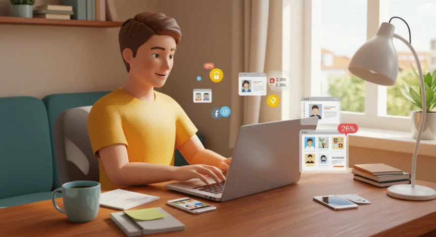 A realistic illustration representing "Easy Ways to Make Money Online". Show a young adult working comfortably at home with a laptop, surrounded by signs of productivity—like a cup of coffee, notepad, and phone notifications. The atmosphere should feel bright and motivating, with natural daylight coming through a window, suggesting flexibility and freedom. Include subtle details such as digital charts or open browser tabs showing online earnings or freelance work platforms, but keep it realistic and not overly literal. The mood should convey focus, optimism, and empowerment in a modern, cozy workspace.