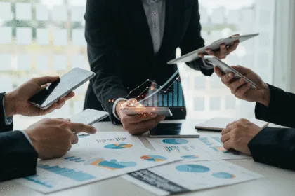 Business team reviewing mobile app sales data on digital devices with growth charts, symbolizing proven app strategies to boost sales fast.