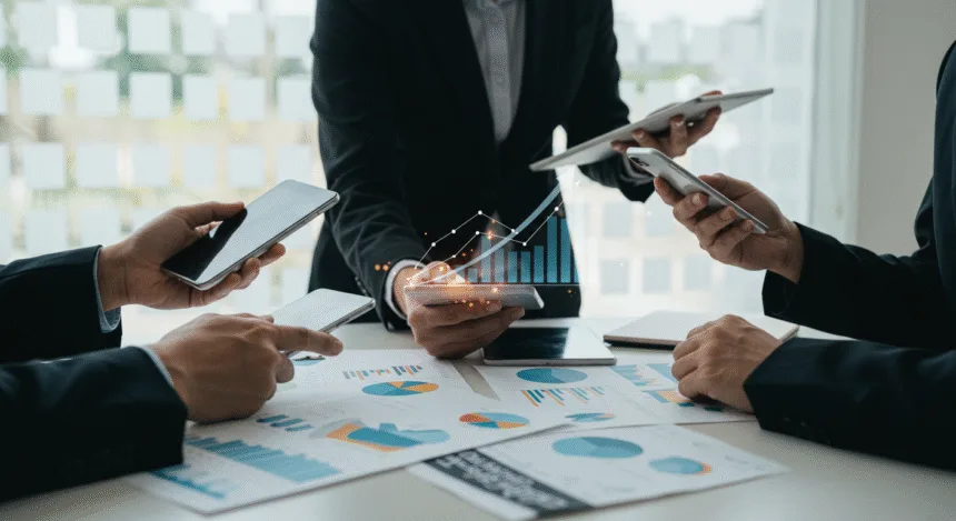 Business team reviewing mobile app sales data on digital devices with growth charts, symbolizing proven app strategies to boost sales fast.