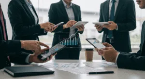 Entrepreneurs reviewing mobile app growth data with digital charts and devices, symbolizing smart app tips for business success.