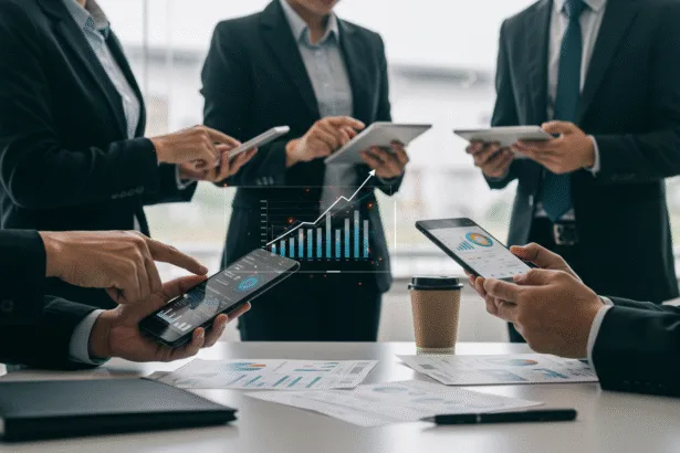 Entrepreneurs reviewing mobile app growth data with digital charts and devices, symbolizing smart app tips for business success.