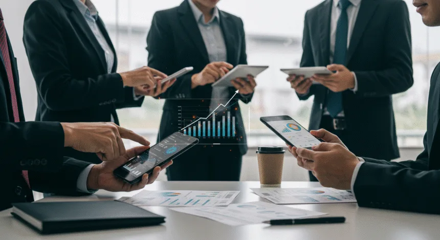 Entrepreneurs reviewing mobile app growth data with digital charts and devices, symbolizing smart app tips for business success.
