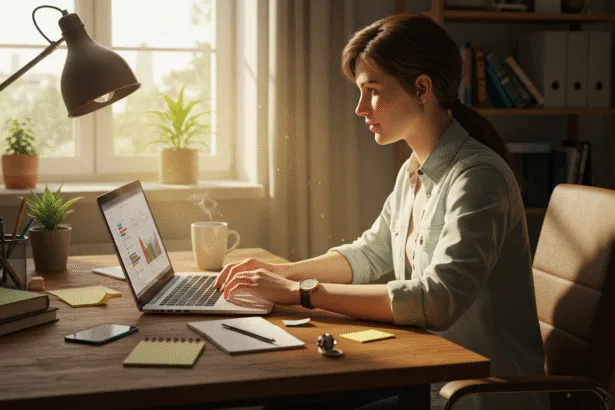 A realistic home office scene in 2025 with a young professional working on a laptop at a desk, surrounded by coffee, plants, and digital devices, symbolizing multiple ways to earn money online from home