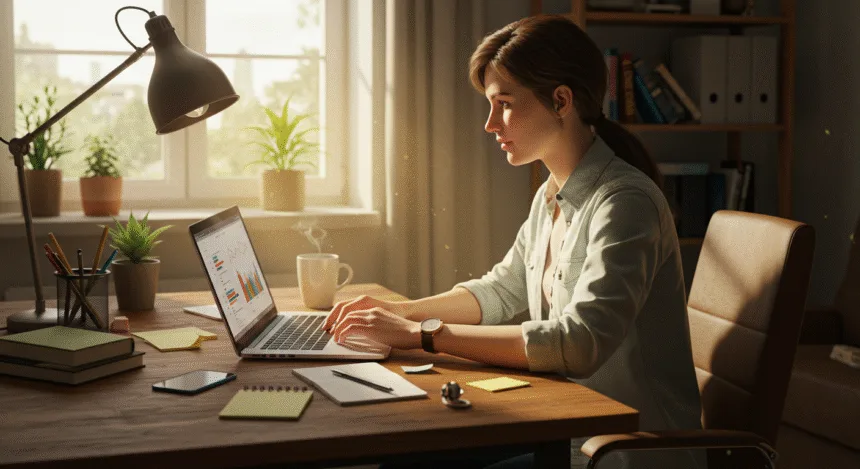 A realistic home office scene in 2025 with a young professional working on a laptop at a desk, surrounded by coffee, plants, and digital devices, symbolizing multiple ways to earn money online from home