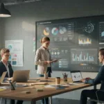 Marketers in a modern workspace collaborating on laptops and screens showing SEO dashboards, keyword research charts, and analytics reports.