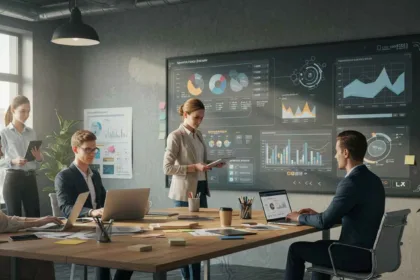 Marketers in a modern workspace collaborating on laptops and screens showing SEO dashboards, keyword research charts, and analytics reports.