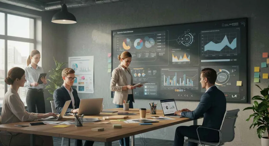 Marketers in a modern workspace collaborating on laptops and screens showing SEO dashboards, keyword research charts, and analytics reports.