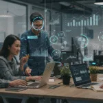 Entrepreneurs collaborating in a modern office with laptops and digital screens displaying charts and analytics, symbolizing smart digital marketing for business growth.