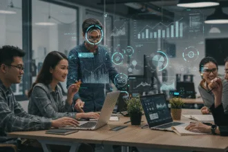 Entrepreneurs collaborating in a modern office with laptops and digital screens displaying charts and analytics, symbolizing smart digital marketing for business growth.