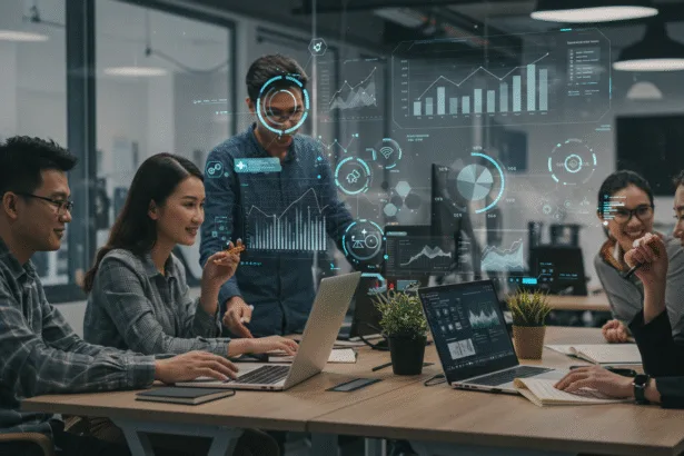 Entrepreneurs collaborating in a modern office with laptops and digital screens displaying charts and analytics, symbolizing smart digital marketing for business growth.