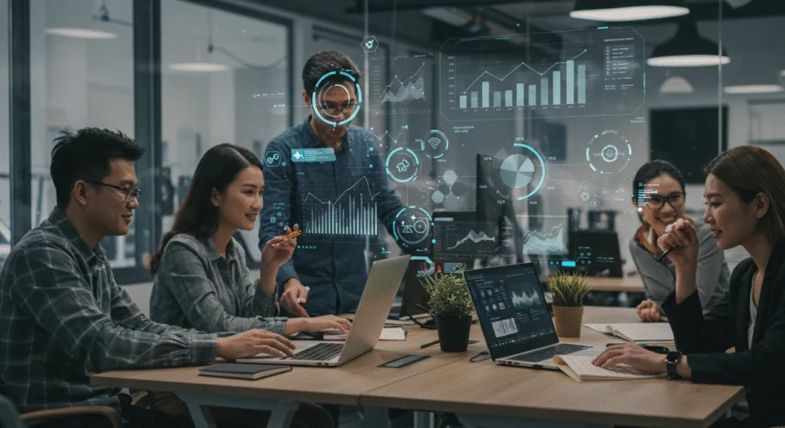 Entrepreneurs collaborating in a modern office with laptops and digital screens displaying charts and analytics, symbolizing smart digital marketing for business growth.