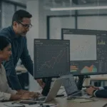 Entrepreneurs reviewing SEO competitor analysis with growth charts in a modern office.