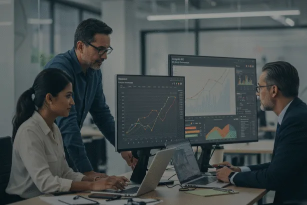 Entrepreneurs reviewing SEO competitor analysis with growth charts in a modern office.