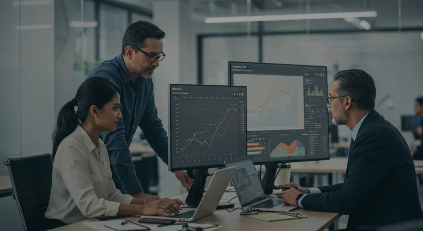 Entrepreneurs reviewing SEO competitor analysis with growth charts in a modern office.