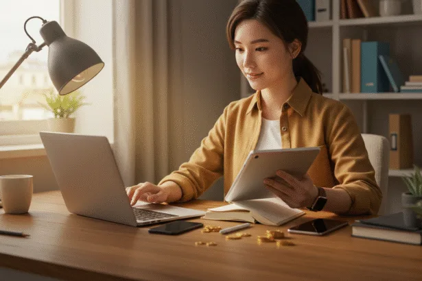 An everyday person in a cozy home office setting, working on a laptop with a notebook and smartphone nearby, symbolizing beginner-friendly ways to start making money online in 2025.