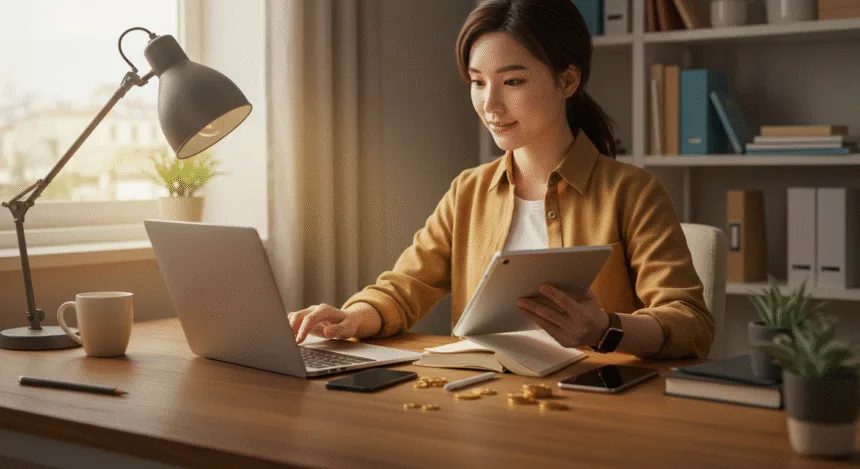 An everyday person in a cozy home office setting, working on a laptop with a notebook and smartphone nearby, symbolizing beginner-friendly ways to start making money online in 2025.