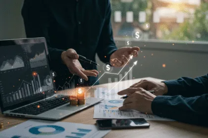 Entrepreneurs at a modern workspace reviewing charts and revenue growth visuals on a laptop, symbolizing smart business monetisation strategies