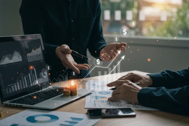 Entrepreneurs at a modern workspace reviewing charts and revenue growth visuals on a laptop, symbolizing smart business monetisation strategies