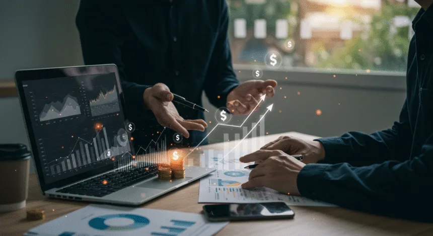 Entrepreneurs at a modern workspace reviewing charts and revenue growth visuals on a laptop, symbolizing smart business monetisation strategies