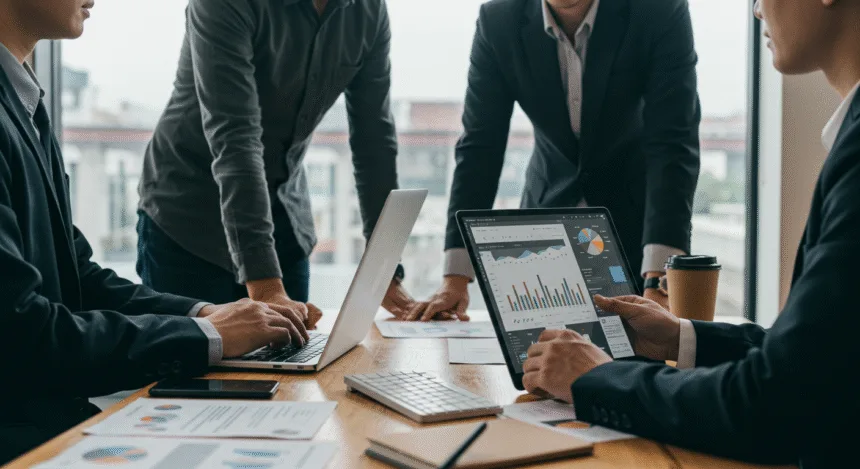 Business owners reviewing digital marketing analytics to avoid costly mistakes in 2025.