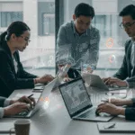 Entrepreneurs collaborating in a modern office with laptops and digital screens showing growth charts and analytics, symbolizing digital marketing hacks for faster business growth.