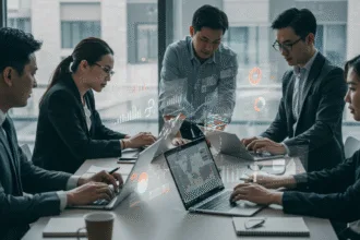 Entrepreneurs collaborating in a modern office with laptops and digital screens showing growth charts and analytics, symbolizing digital marketing hacks for faster business growth.