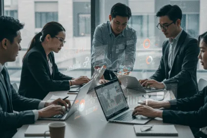 Entrepreneurs collaborating in a modern office with laptops and digital screens showing growth charts and analytics, symbolizing digital marketing hacks for faster business growth.