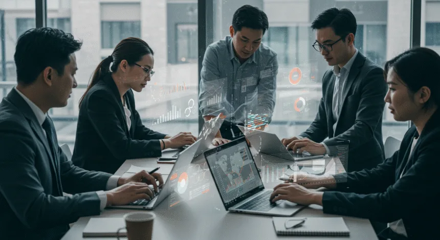 Entrepreneurs collaborating in a modern office with laptops and digital screens showing growth charts and analytics, symbolizing digital marketing hacks for faster business growth.