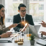 Entrepreneurs collaborating in a modern office with laptops, charts, and digital visuals representing cash flow, monetisation, and business growth.