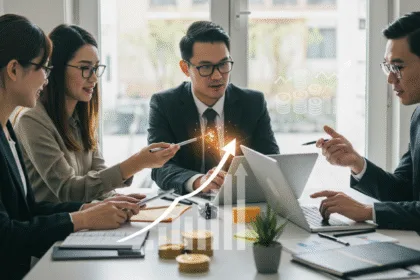 Entrepreneurs collaborating in a modern office with laptops, charts, and digital visuals representing cash flow, monetisation, and business growth.